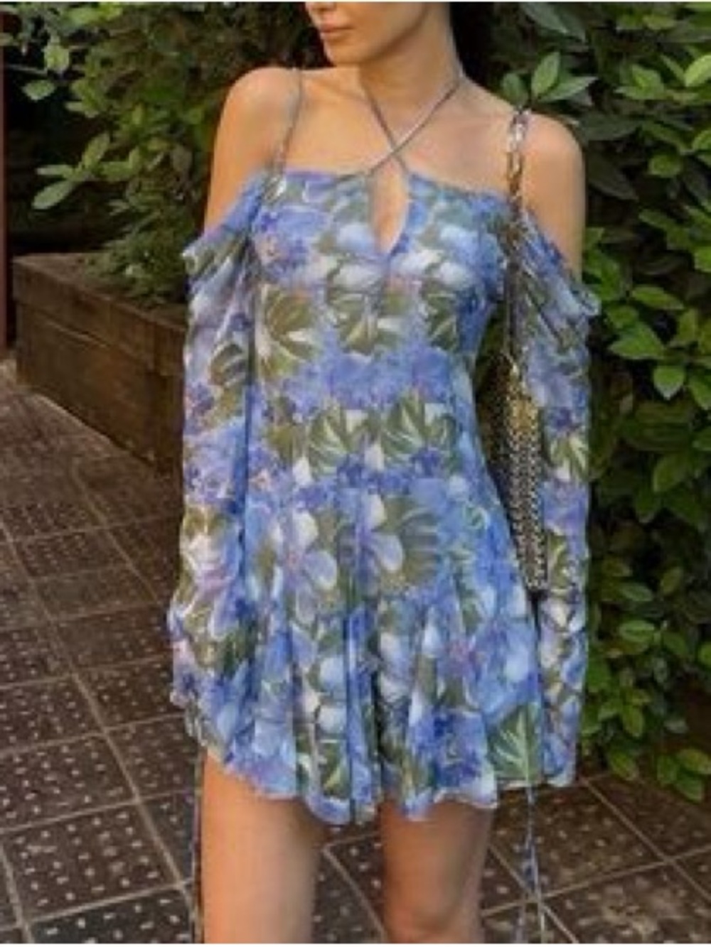 Zara Blue Floral Off-Shoulder Halter Mini Dress - Picture 2 of 2